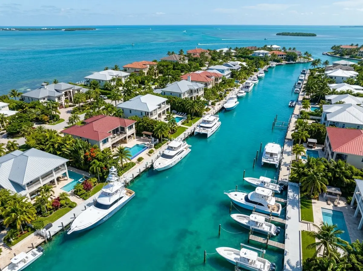 Aerial view of Islamorada waterfront estate canal homes