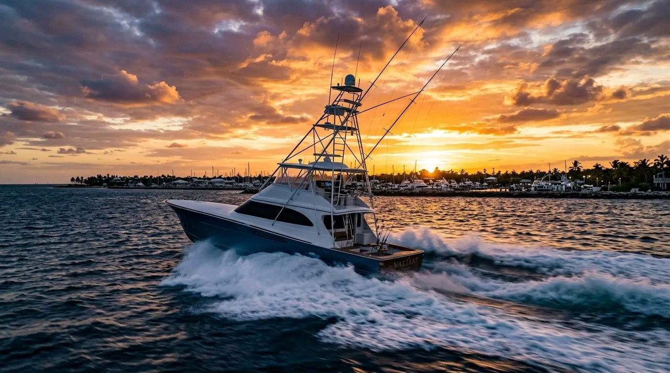 Sportfishing boat running across open water at sunset
